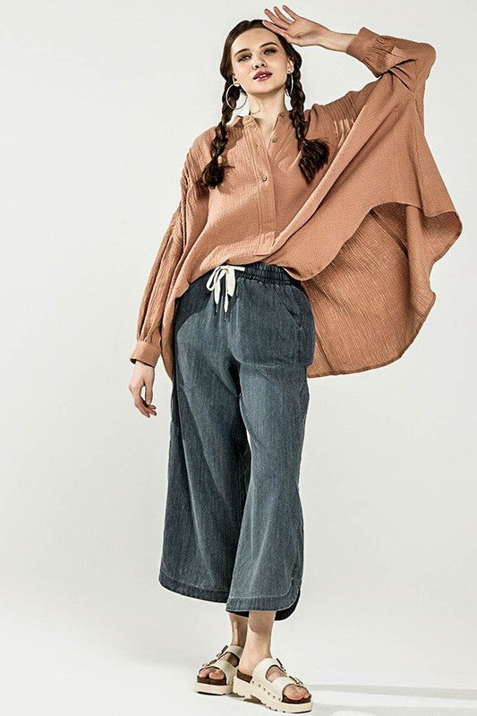 Oversized Pleat Ballon sleeve  High and low Top