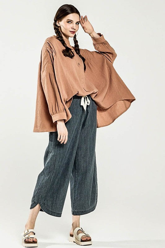 Oversized Pleat Ballon sleeve  High and low Top