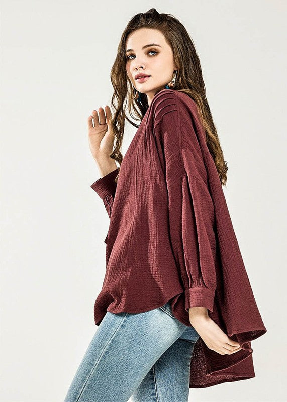 Oversized Pleat Ballon sleeve  High and low Top
