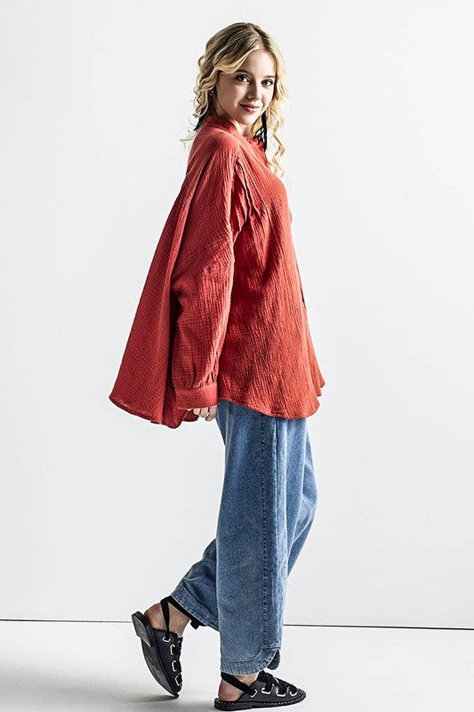 Oversized Pleat Ballon sleeve  High and low Top