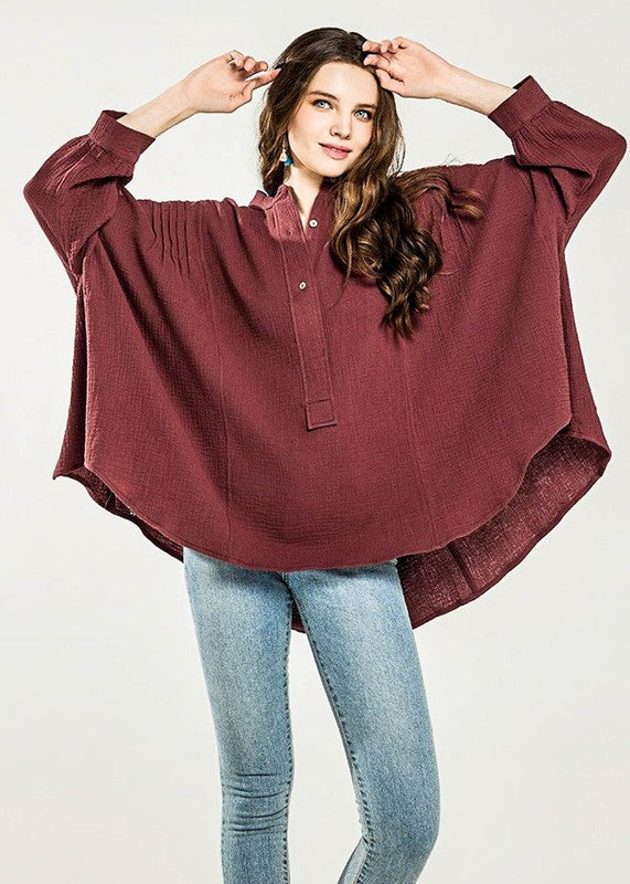 Oversized Pleat Ballon sleeve  High and low Top