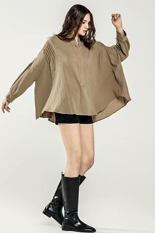 Oversized Pleat Ballon sleeve  High and low Top