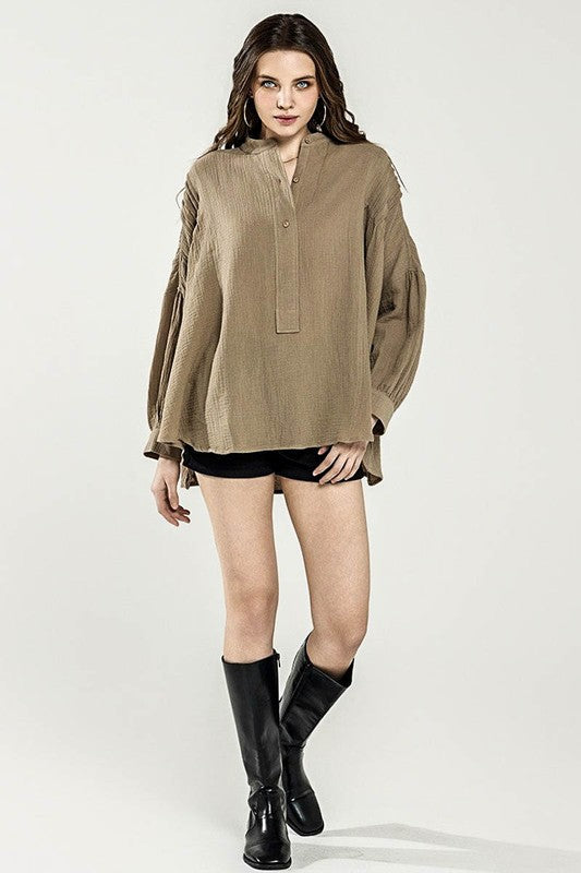 Oversized Pleat Ballon sleeve  High and low Top