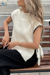Beige Ric Rac Trim Side Knot Knit Sleeveless Top