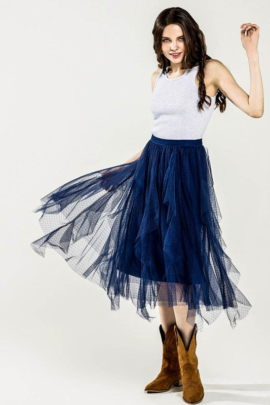 Plus Waterfall PolkaDot Mesh Ruffle Midi Skirt