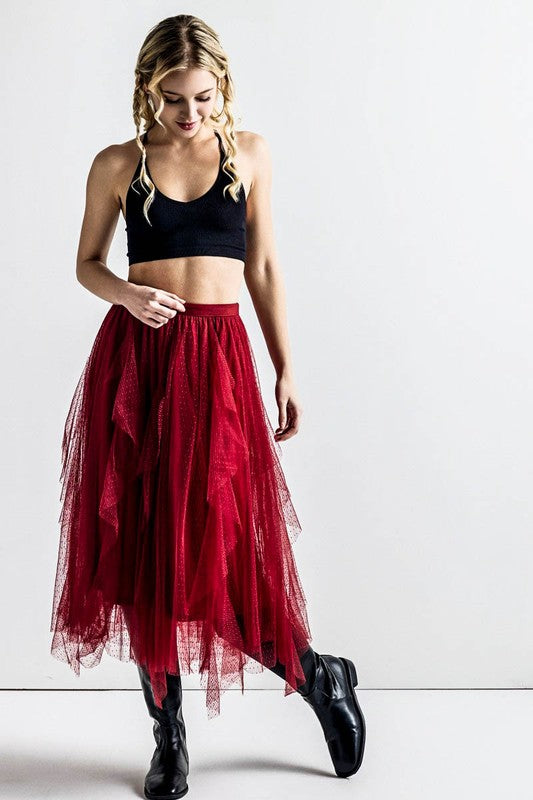 Plus Waterfall PolkaDot Mesh Ruffle Midi Skirt