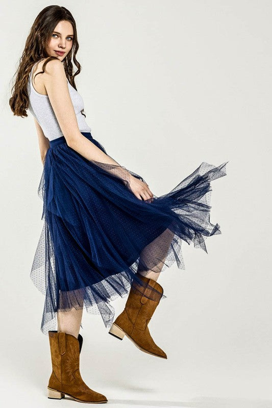 Plus Waterfall PolkaDot Mesh Ruffle Midi Skirt