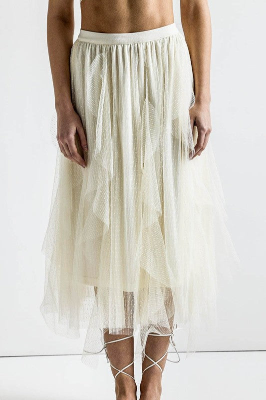 Plus Waterfall PolkaDot Mesh Ruffle Midi Skirt