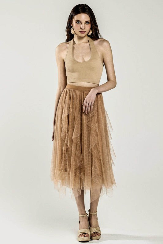 Plus Waterfall PolkaDot Mesh Ruffle Midi Skirt
