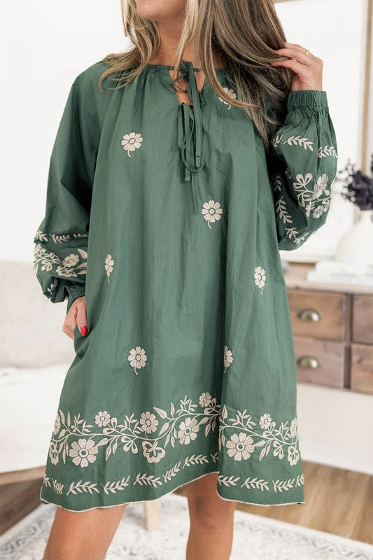Tie Neck Boho Floral Puff Sleeve Shift Dress