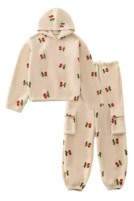 Two piece sherpa cherries sweat set