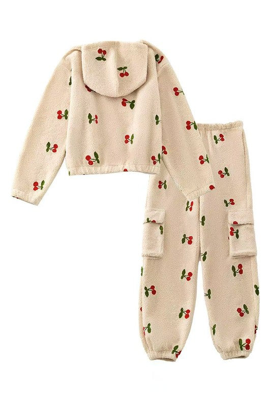 Two piece sherpa cherries sweat set