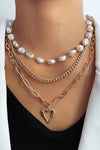 Gold Heart Pendant Pearl Chain Multi-Layered Necklace