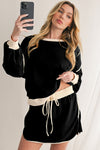 Coffee Contrast Trim Loose Pullover and Lace-up Waist Skort Set