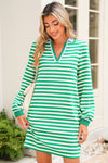 Green Pop of Color V Neck Striped Long Sleeve Mini Dress