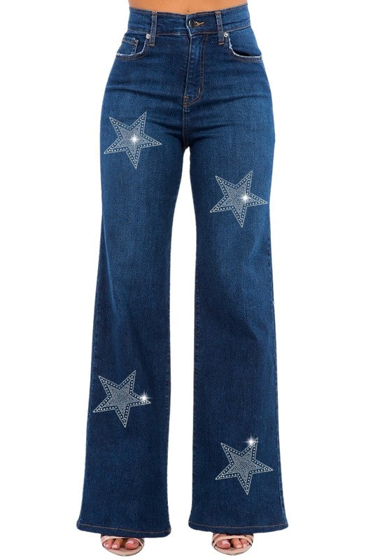 Made in USA Rhinestone Star Wide Leg Jeans