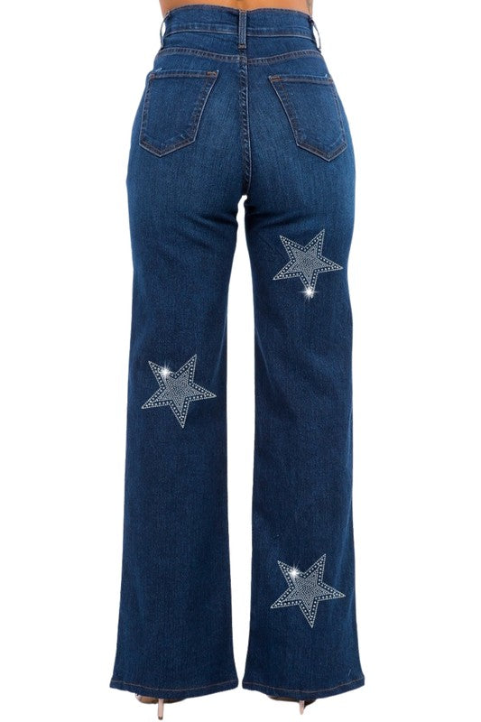 Made in USA Rhinestone Star Wide Leg Jeans
