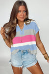 Light Blue Colorblock Notch V Neck Knit T Shirt