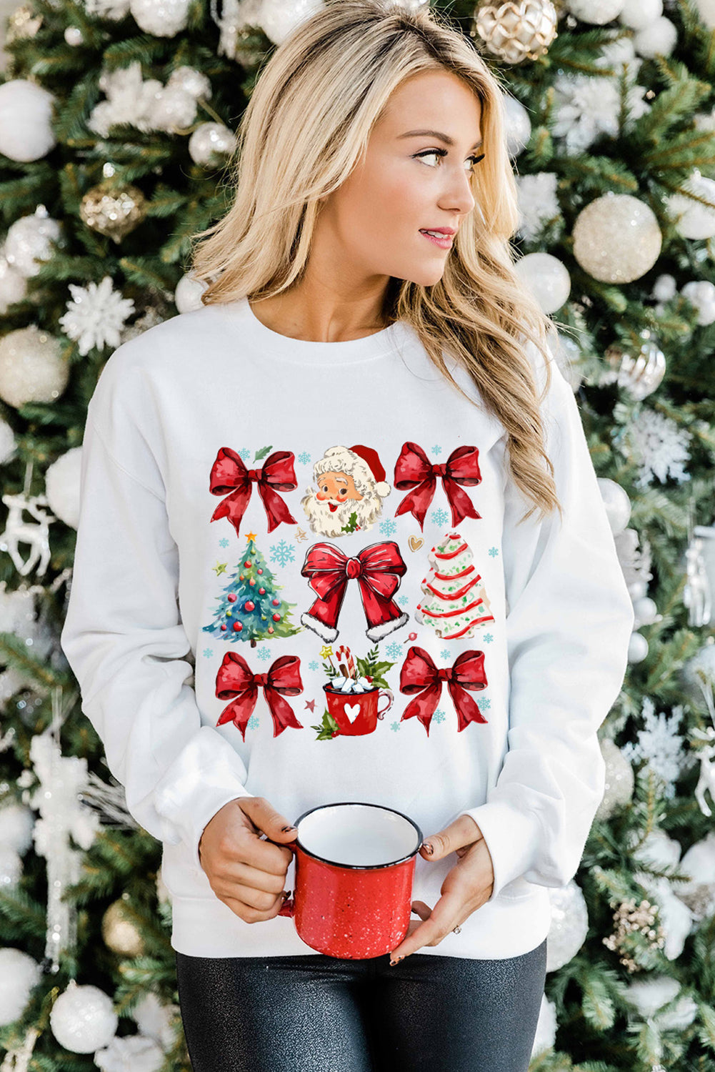 Beige Christmas Tree Bowknot Santa Clause Graphic Sweatshirt