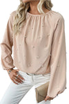 Oatmeal Pearl Beaded Round Neck Long Sleeve Top
