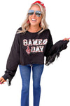 Black GAME DAY Rugby Sequin Tassel Cropped Sweatshirt