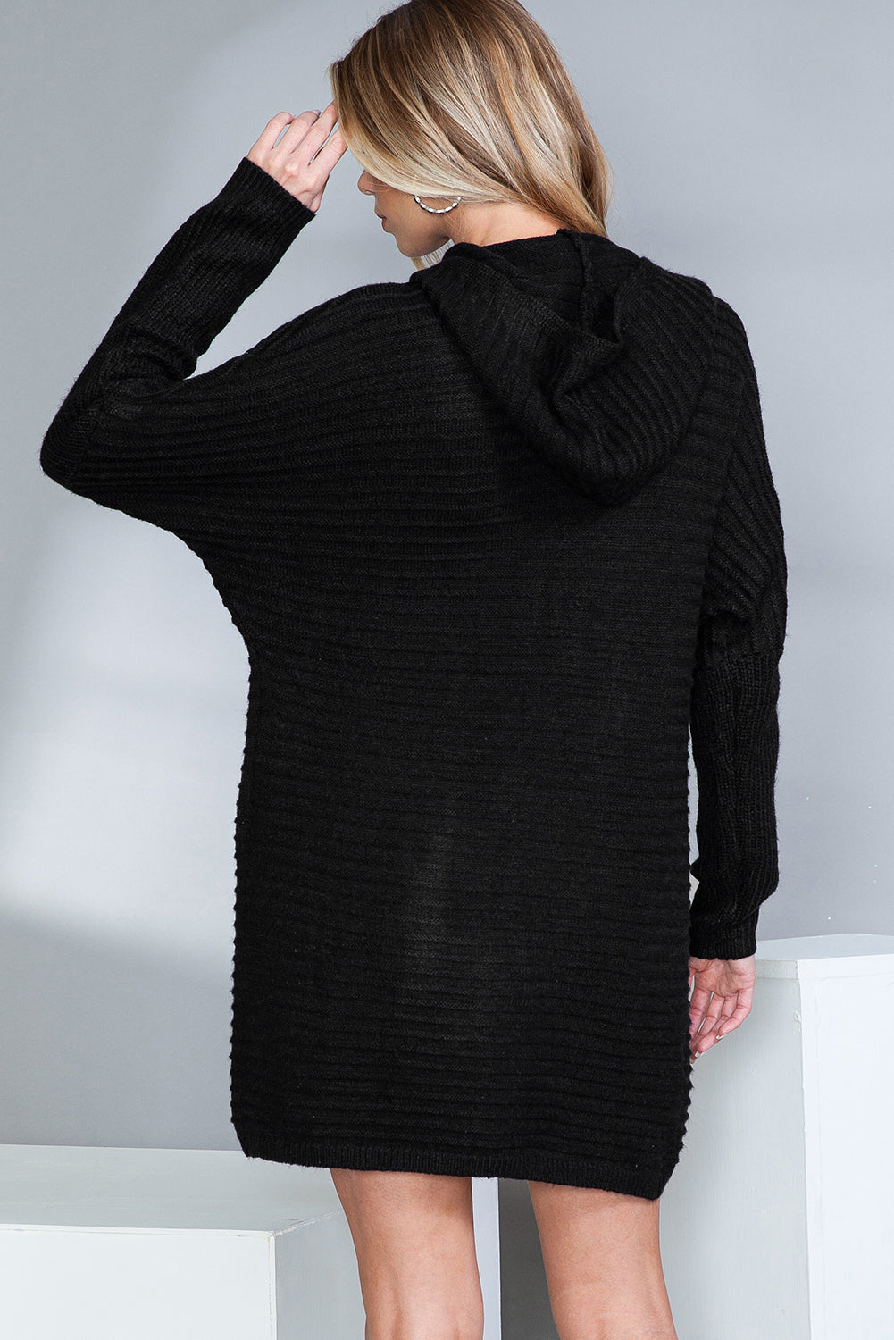 Black Horizontal Rib Knitted Open Front Hooded Cardigan