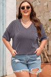 Black Twist Corded V-Neck Plain Plus T-Shirt