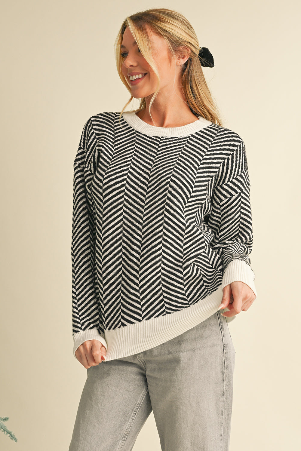 Coffee Stripe Contrast Edge Crew Neck Drop Shoulder Sweater