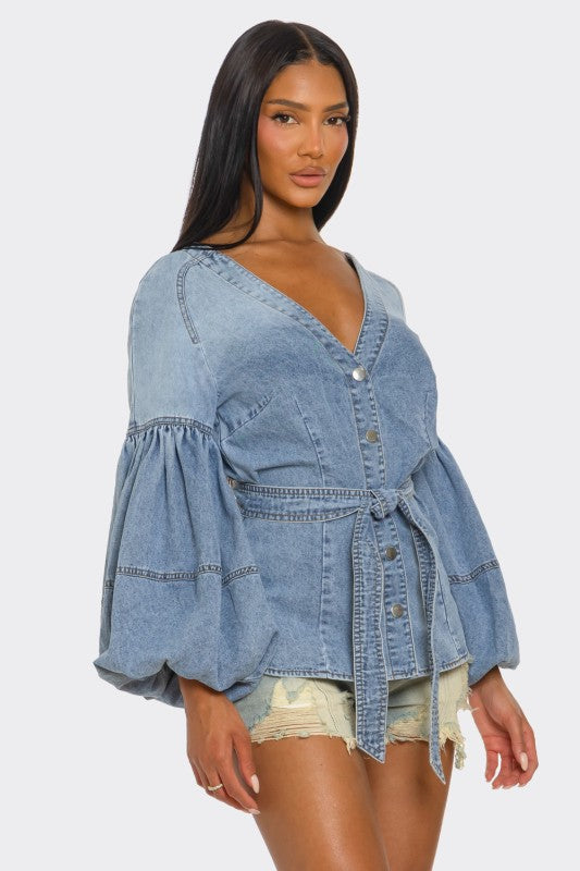 Denim Muse Puff Sleeve Button-Up Top