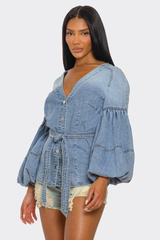 Denim Muse Puff Sleeve Button-Up Top