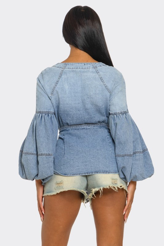Denim Muse Puff Sleeve Button-Up Top