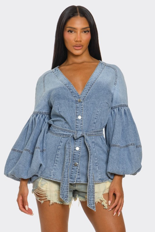 Denim Muse Puff Sleeve Button-Up Top