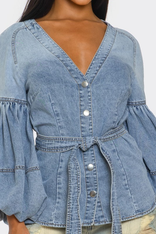 Denim Muse Puff Sleeve Button-Up Top