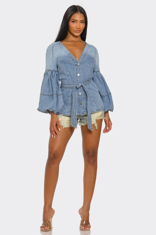 Denim Muse Puff Sleeve Button-Up Top