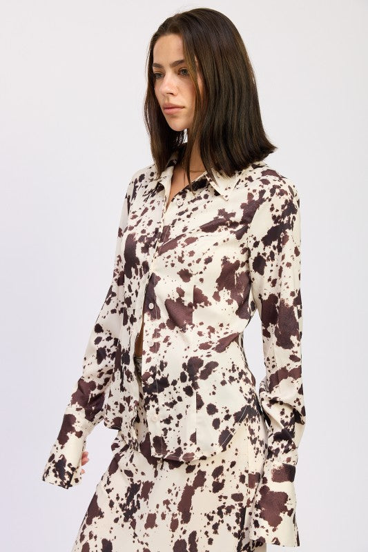 COW PRINTED SATIN SHIRT TOP