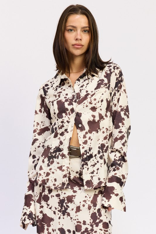 COW PRINTED SATIN SHIRT TOP