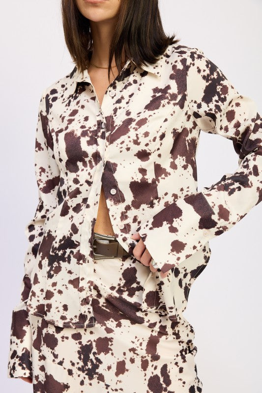 COW PRINTED SATIN SHIRT TOP