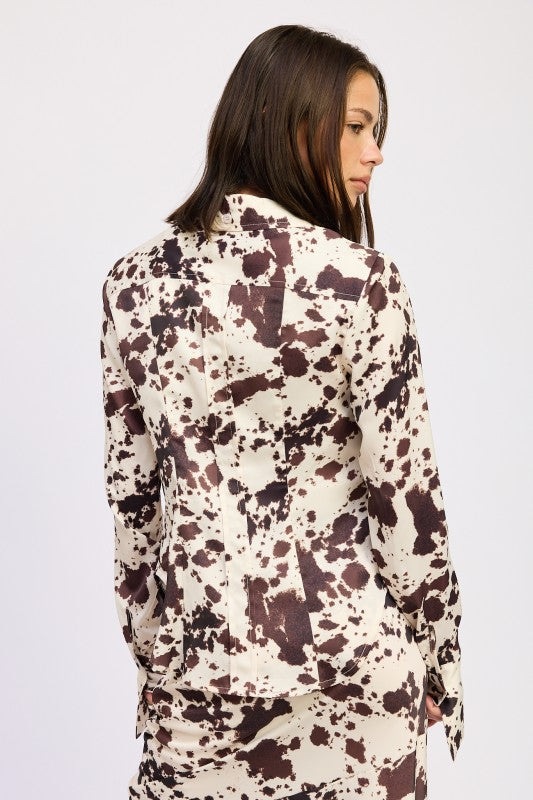 COW PRINTED SATIN SHIRT TOP