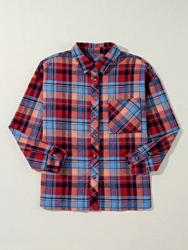 cotton Boho Red Mint Plaid Button Shirt Shacket