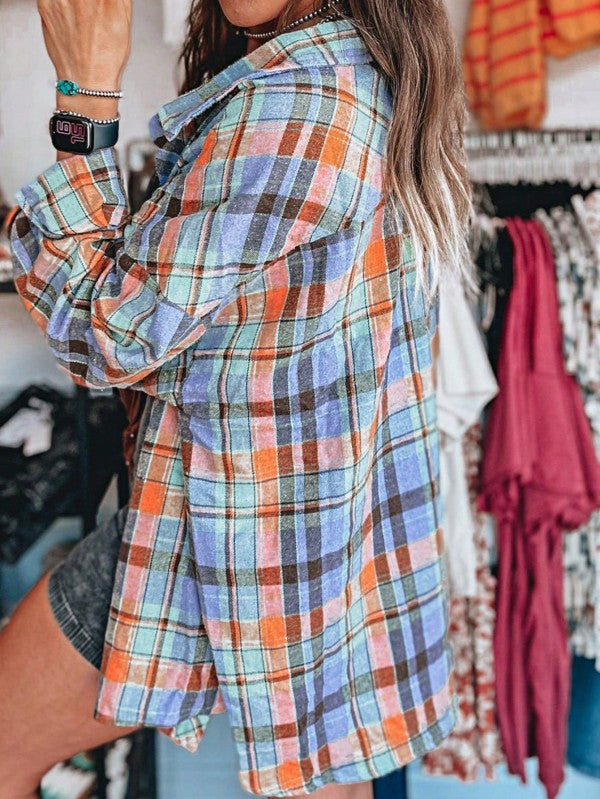 cotton Boho Red Mint Plaid Button Shirt Shacket