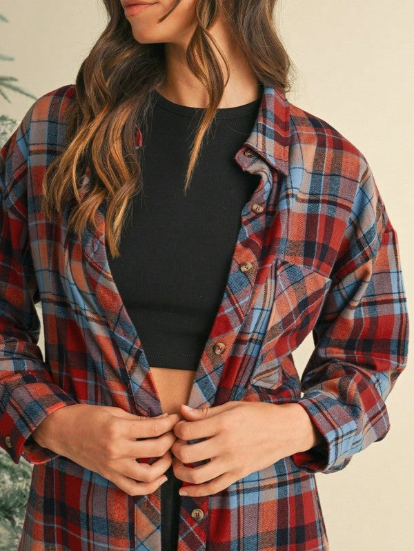 cotton Boho Red Mint Plaid Button Shirt Shacket