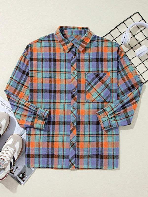 cotton Boho Red Mint Plaid Button Shirt Shacket