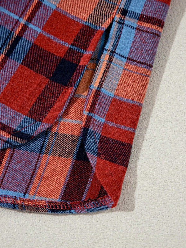 cotton Boho Red Mint Plaid Button Shirt Shacket
