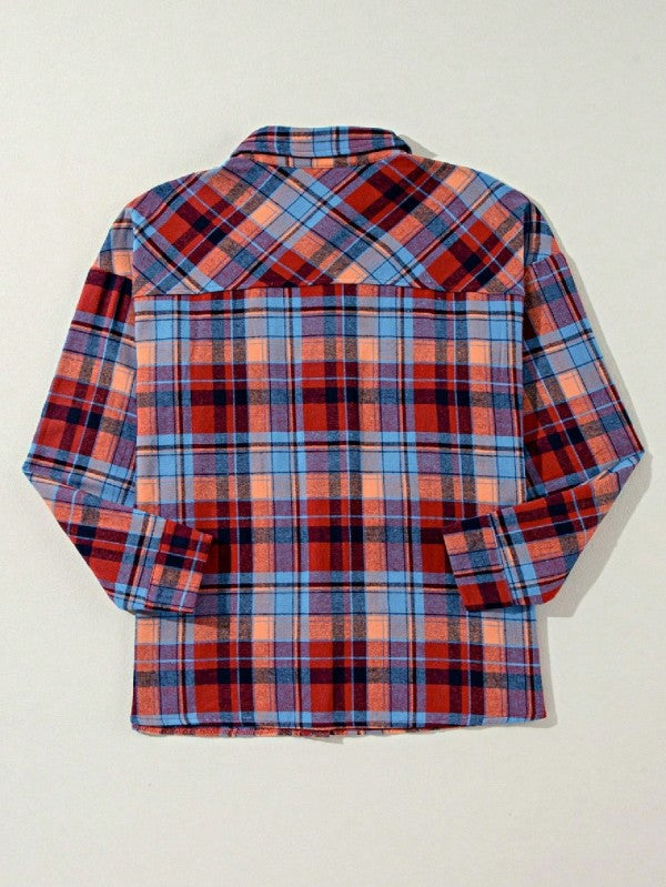 cotton Boho Red Mint Plaid Button Shirt Shacket