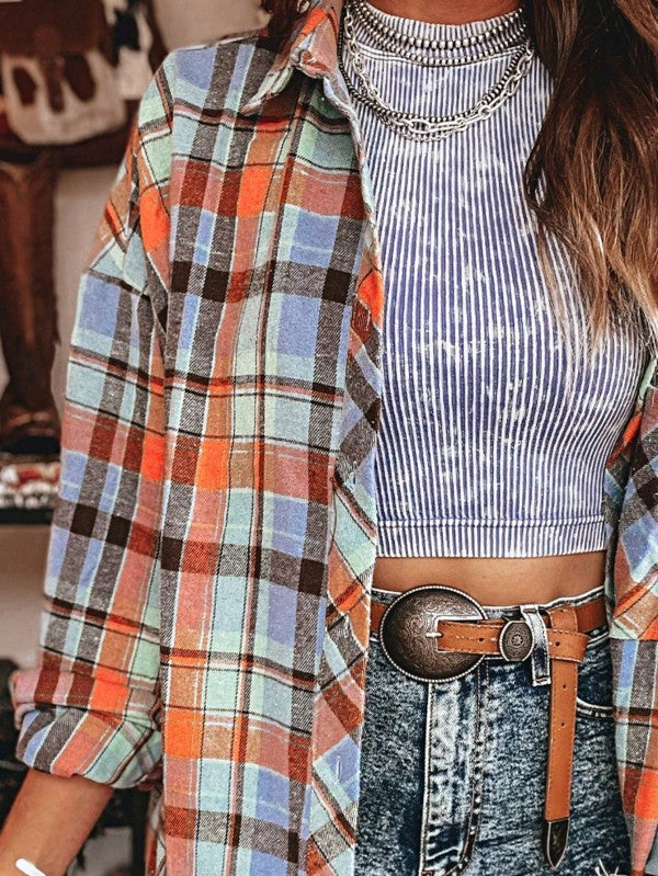 cotton Boho Red Mint Plaid Button Shirt Shacket
