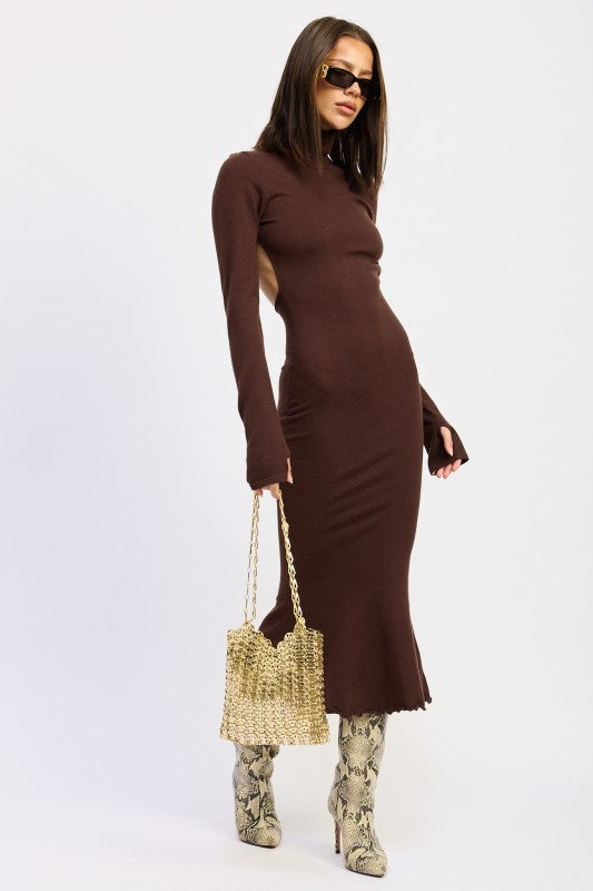 TURTLE NECK MIDI DRESS WITH BACK CUTOUT