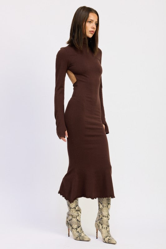 TURTLE NECK MIDI DRESS WITH BACK CUTOUT