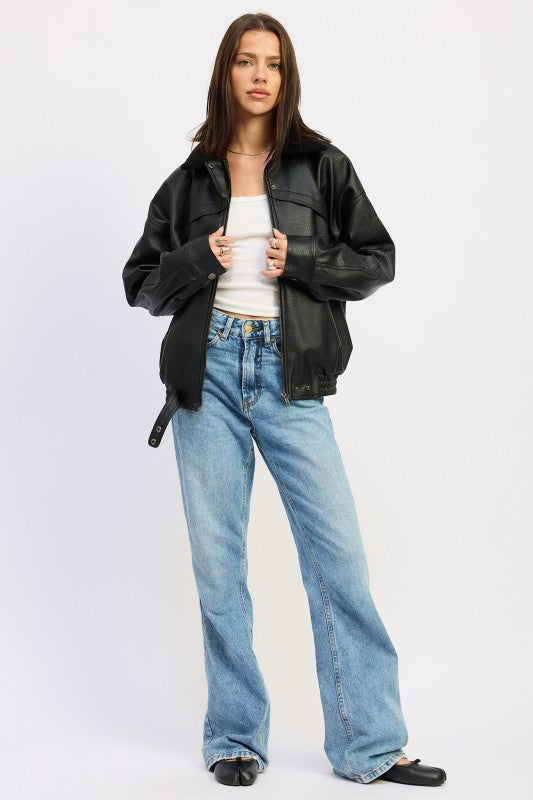 SHEARLING COLLAR VEGAN LEATHER JACKET