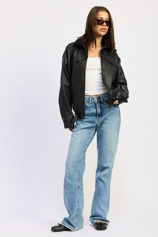 SHEARLING COLLAR VEGAN LEATHER JACKET