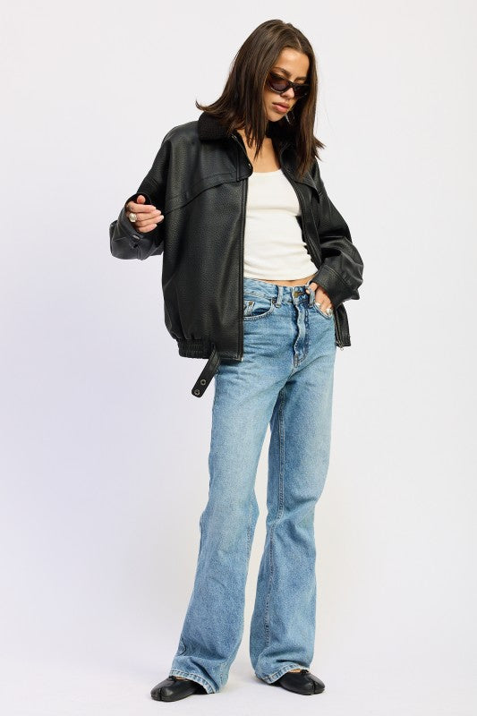 SHEARLING COLLAR VEGAN LEATHER JACKET